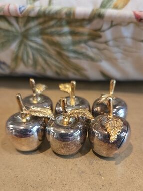 Vintage Silver Plate and Gold Tone Apple Place Table Card Holders Mini Set of 6